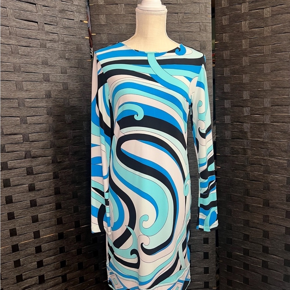 Micheal Kors Blue and Black Swirl Long Sleeve Dress